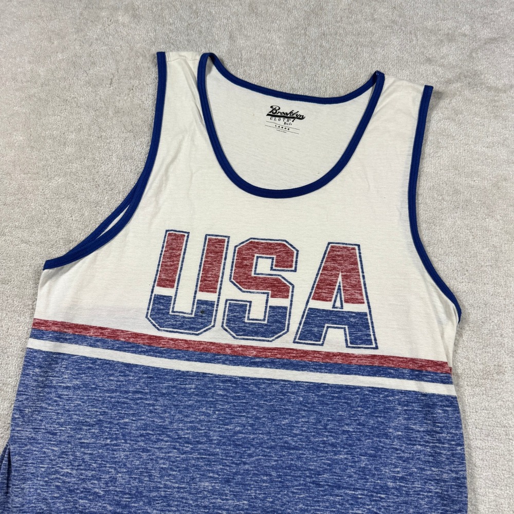 Brooklyn Cloth Tank Top Mens Large Blue USA Graphic Patriotic Ringer Sleeveless